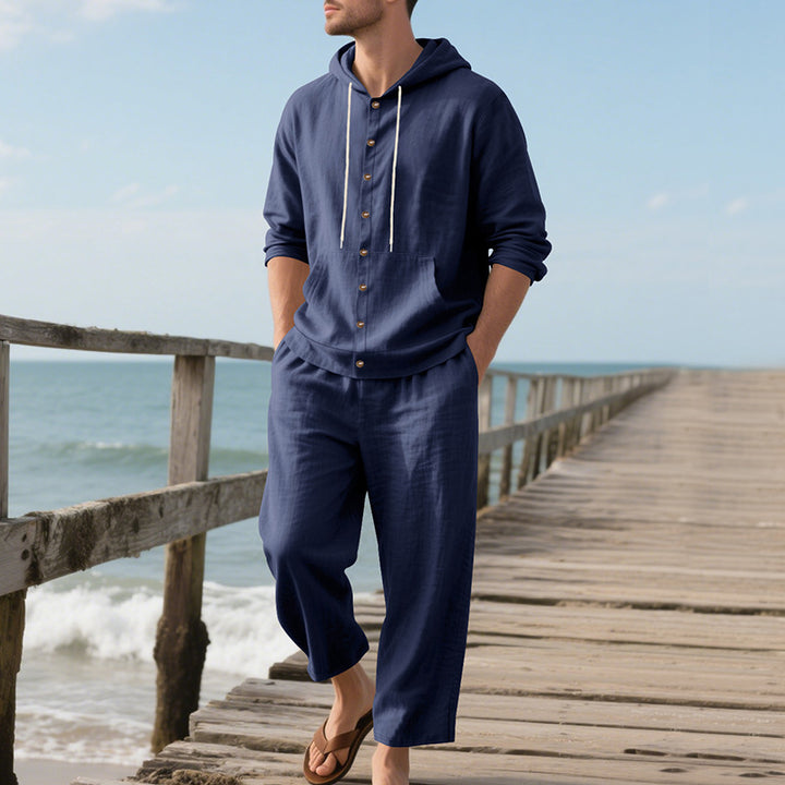Men's casual beach ensemble made of lightweight linen blend with hooded henley and elastic waistband pants Mune Fashion