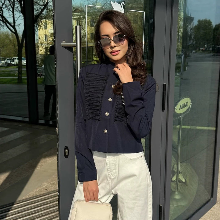 Women Short Cut Military Inspired Trim Jacket with Cord Applications and Decorative Buttons Mune Fashion