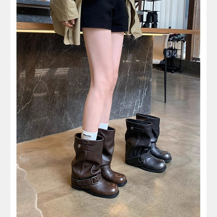 Women's Mid-Calf Biker Boots made of Smooth Leather with Adjustable Buckle Strap Mune Fashion