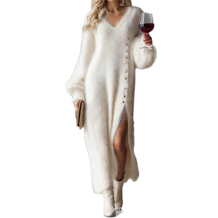 Women's fluffy maxi dress with V-neck and side button closure Mune Fashion