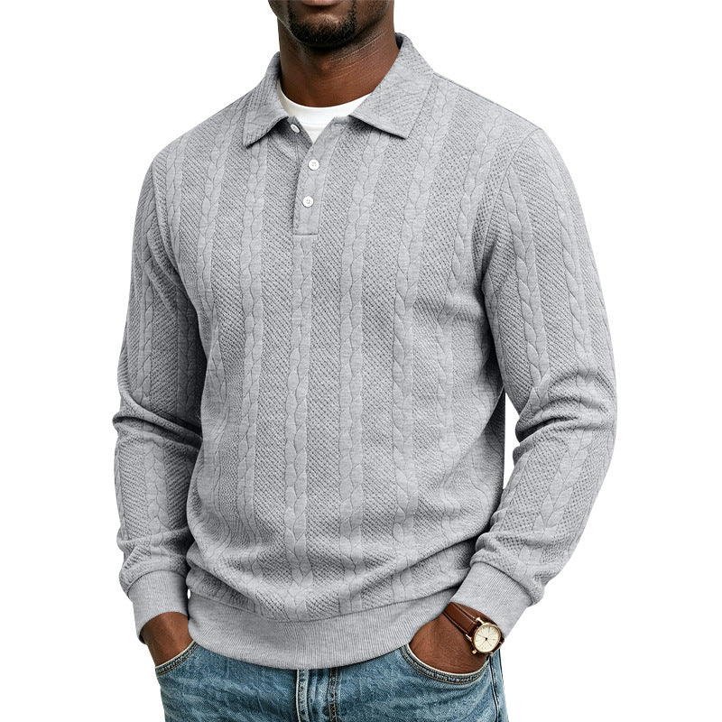 Men's Knitted Polo Collar Sweater with Cable Pattern and Fine Button Placket Mune Fashion