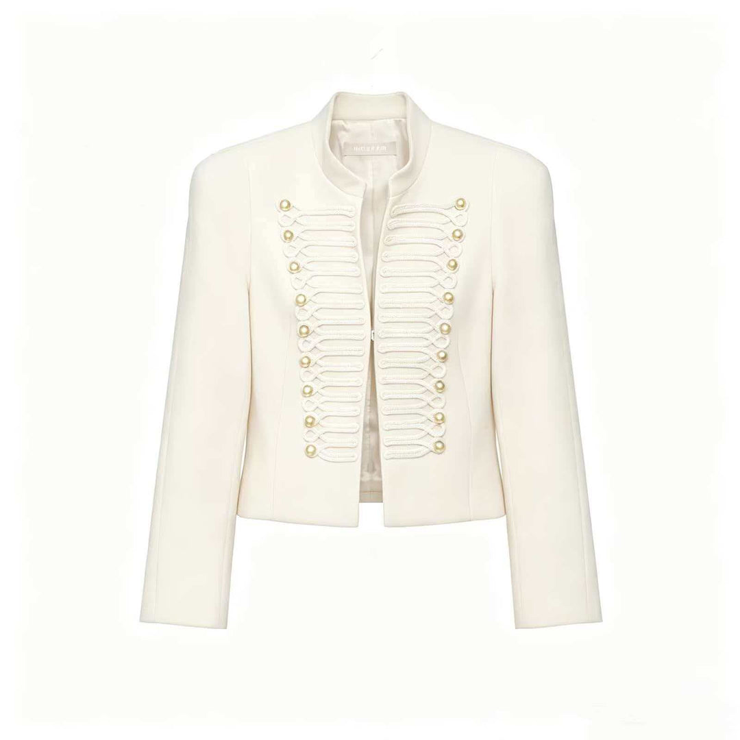 Ladies short jacket inspired by military with stand-up collar and decorative cords Mune Fashion