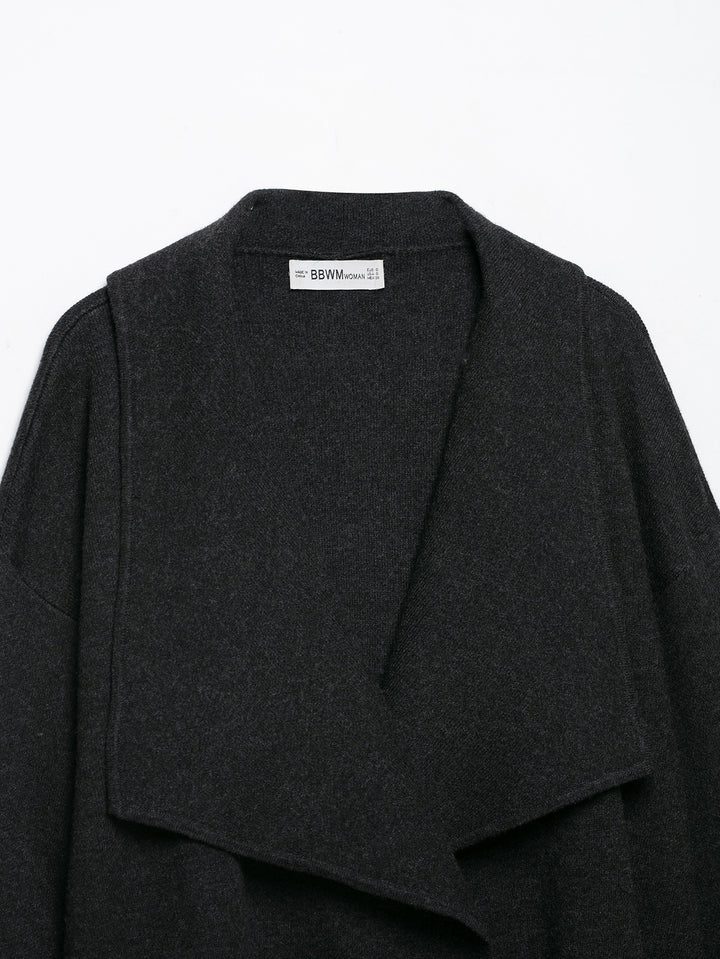 Women's short cut open wool blend cardigan with large shawl collar and boxy cropped silhouette Mune Fashion