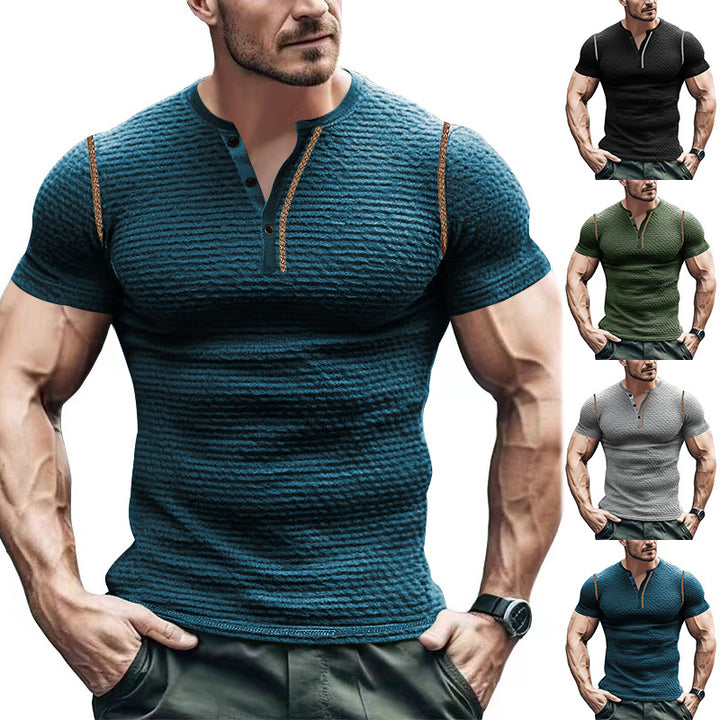 Men's body-hugging structured short-sleeve Henley with contrasting shoulder piping Mune Fashion