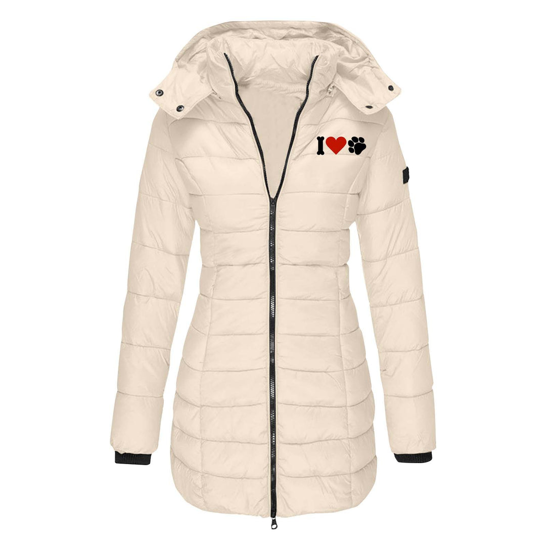 Women's quilted jacket with hood, tailored silhouette and heart paw print Mune Fashion
