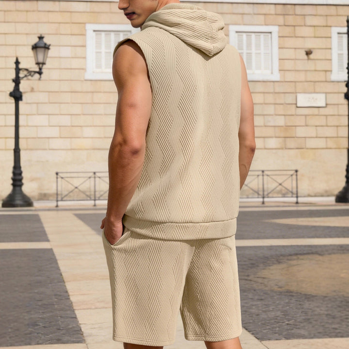 Men's sleeveless hoodie lounge set made of textured cotton blend with kangaroo pocket and elastic leisure pants Mune Fashion