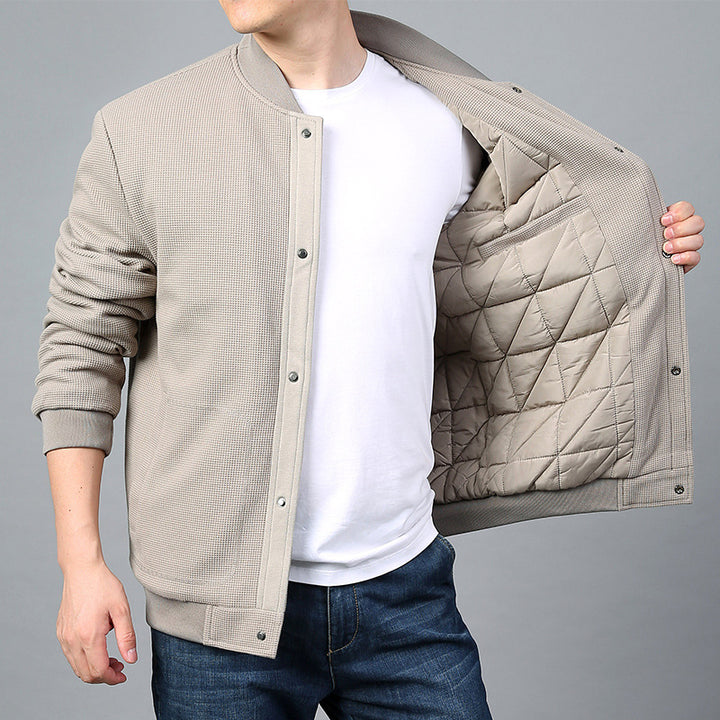Men's Structured Bomber Jacket with Waffle Knit, Lightly Lined and Snap Placket Mune Fashion