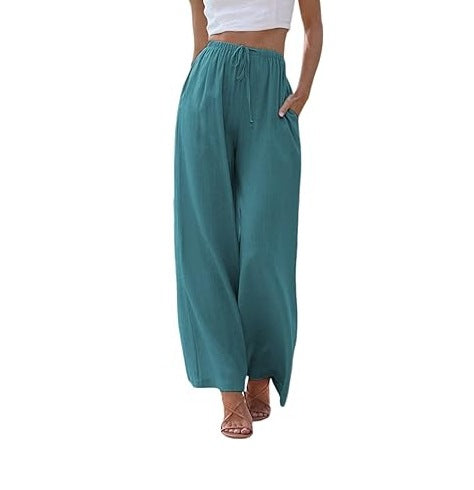 Women's wide linen pants with elastic waistband, drawstring, and side pockets Mune Fashion
