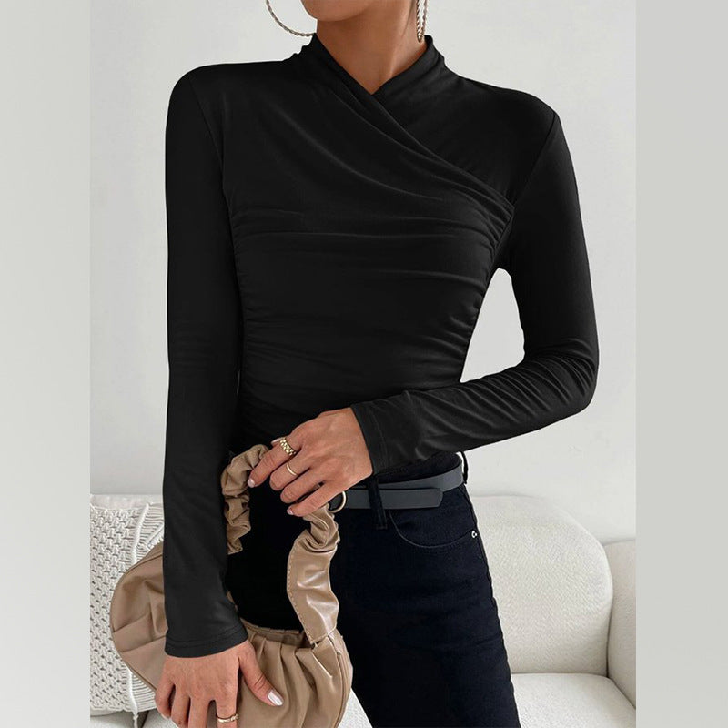 Women's Fitted Long Sleeve Shirt with Wrap Collar and Side Gathering Mune Fashion