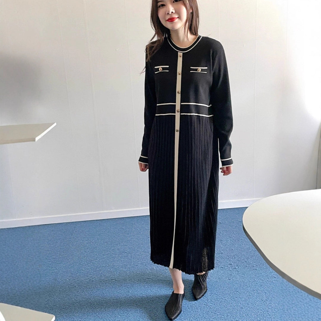 Ladies Elegant Long Knit Dress with Contrast Piping, Decorative Button Placket and Pleated Skirt Mune Fashion