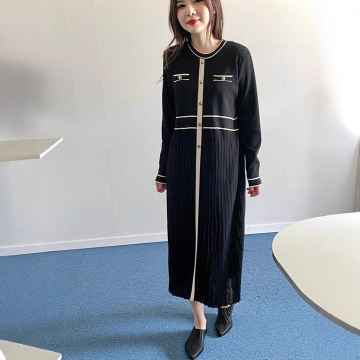 Ladies Elegant Long Knit Dress with Contrast Piping, Decorative Button Placket and Pleated Skirt Mune Fashion