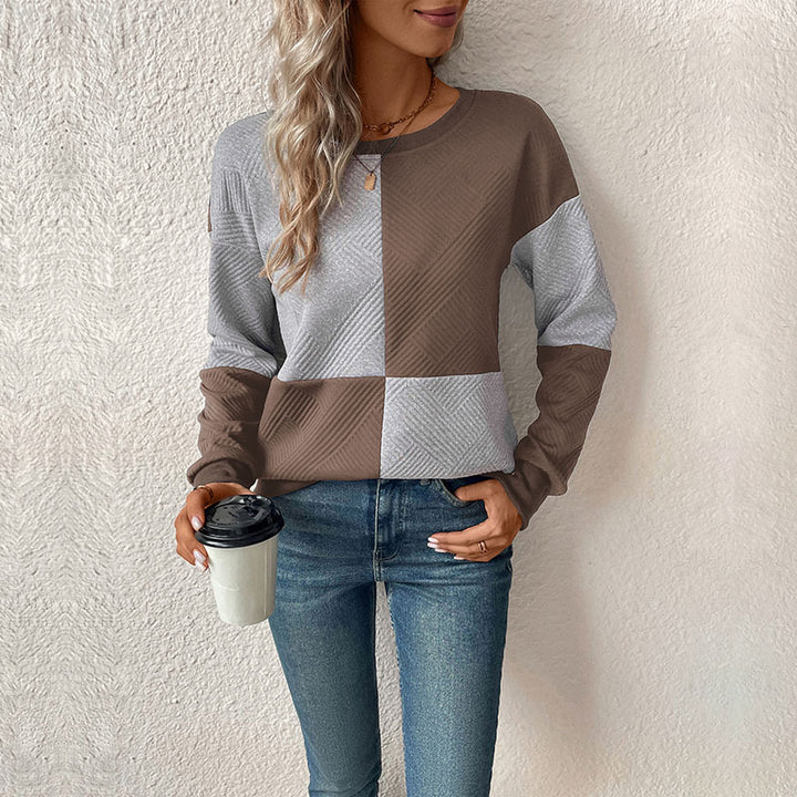 Women's Colorblock Knitted Sweater with Textured Plaid Pattern Mune Fashion
