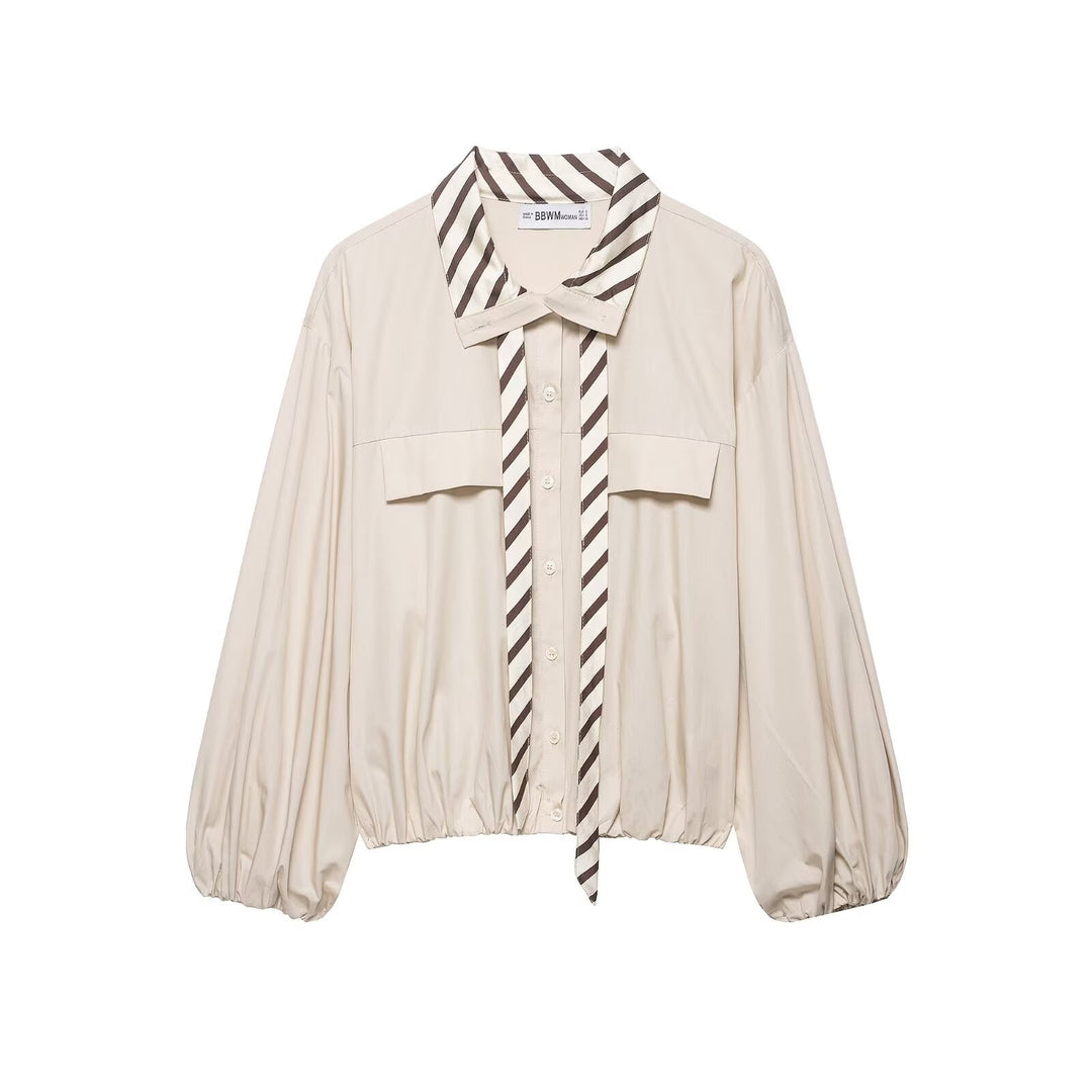 Women's Oversize Blouse with Balloon Sleeves and Scarf Collar Mune Fashion