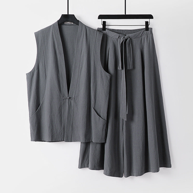 Women's Sleeveless Kimono Loungewear Set made of lightweight Viscose-Linen with Tied Vest and Wide Palazzo Pants Mune Fashion