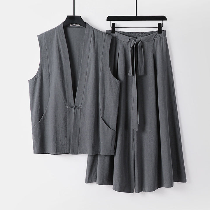 Women's Sleeveless Kimono Loungewear Set made of lightweight Viscose-Linen with Tied Vest and Wide Palazzo Pants Mune Fashion