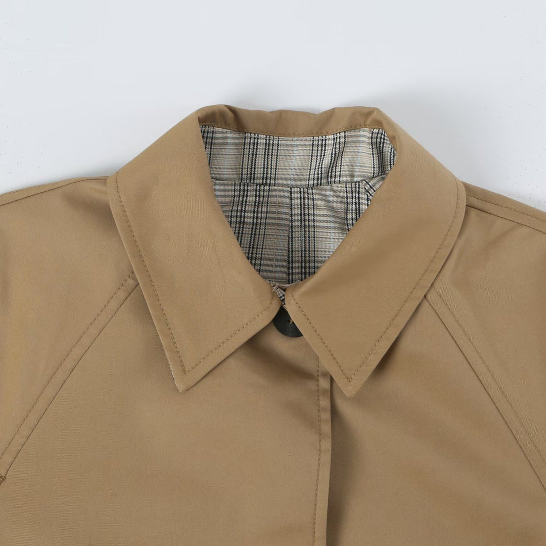Women's Reversible Trench Coat with Raglan Sleeves, Checked Lining and Hidden Button Placket Mune Fashion