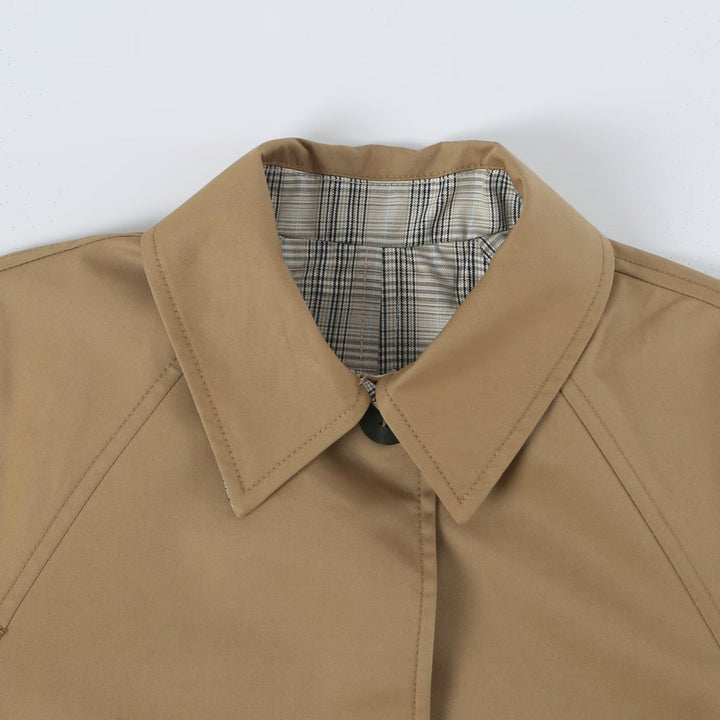 Women's Reversible Trench Coat with Raglan Sleeves, Checked Lining and Hidden Button Placket Mune Fashion