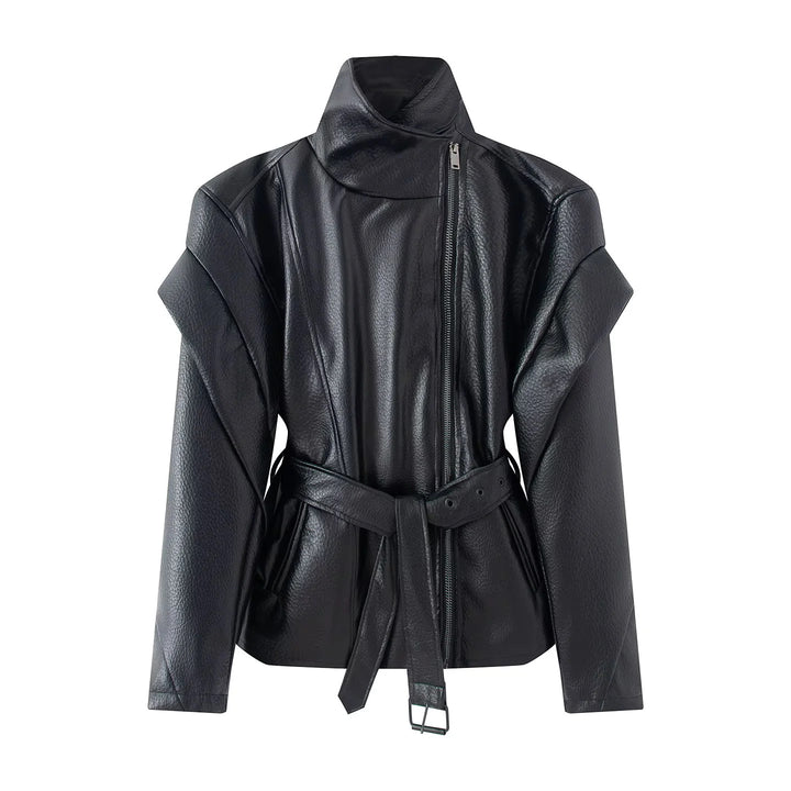 Women's fitted faux leather jacket with asymmetric zipper, high stand-up collar, and tie belt Mune Fashion