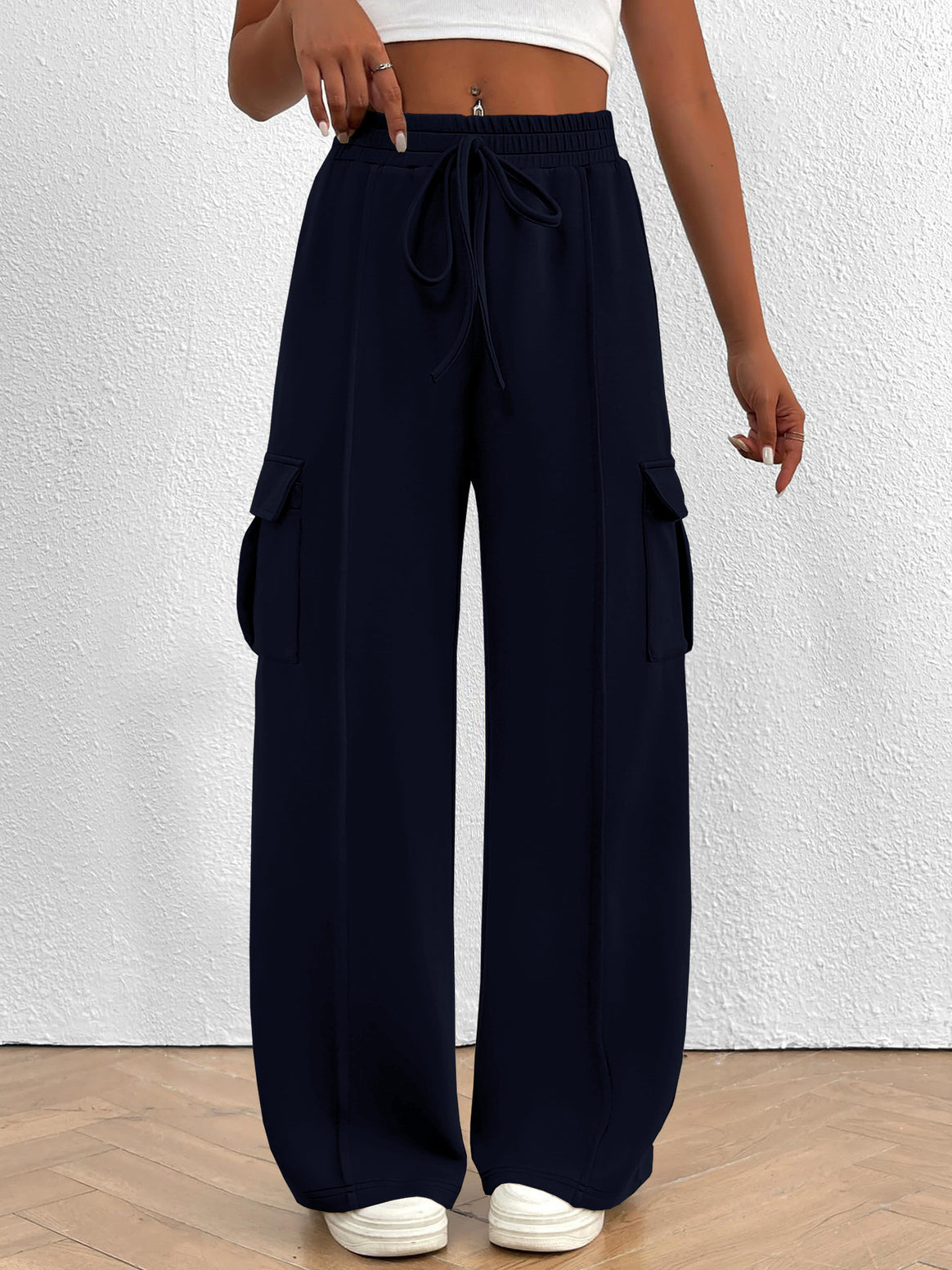 Women Wide Cargo Lounge Pants with Drawstring Waist and Flap Pockets Mune Fashion