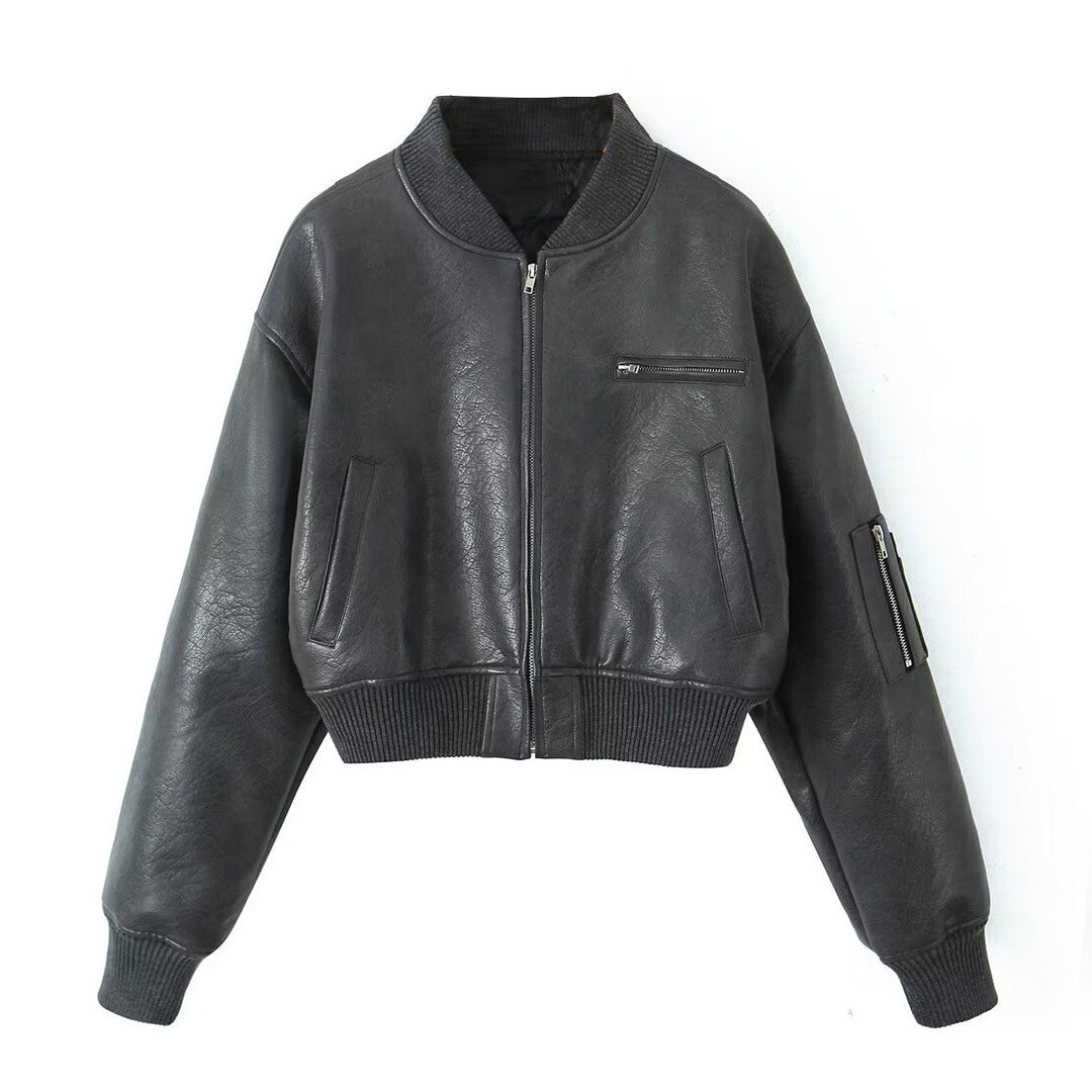 Women's Cropped Bomber Jacket in Vintage Leather Look with Arm Pocket and Wide Ribbed Cuff Mune Fashion