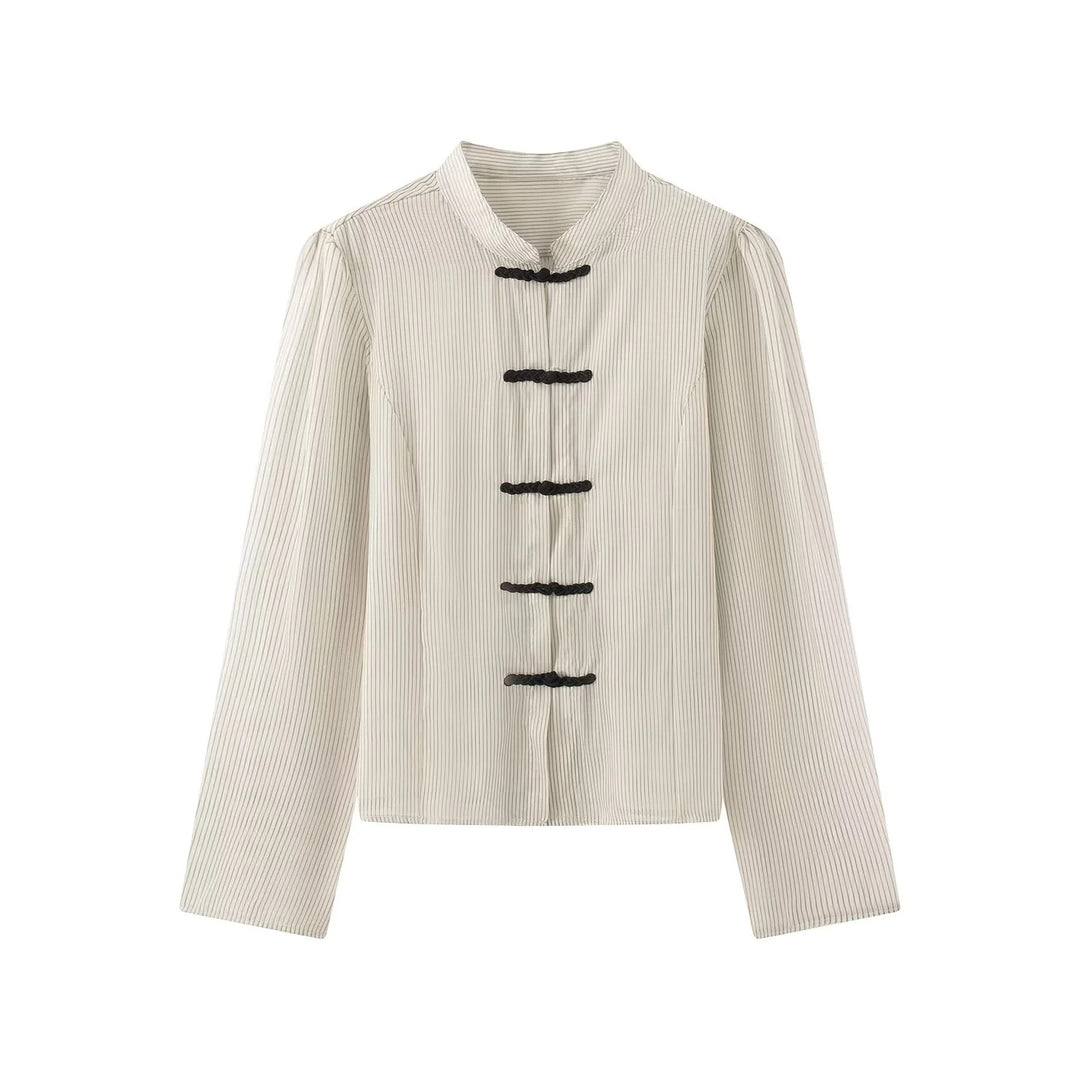 Women's tailored Chinese-inspired jacket with stand-up collar and decorative knot closures Mune Fashion