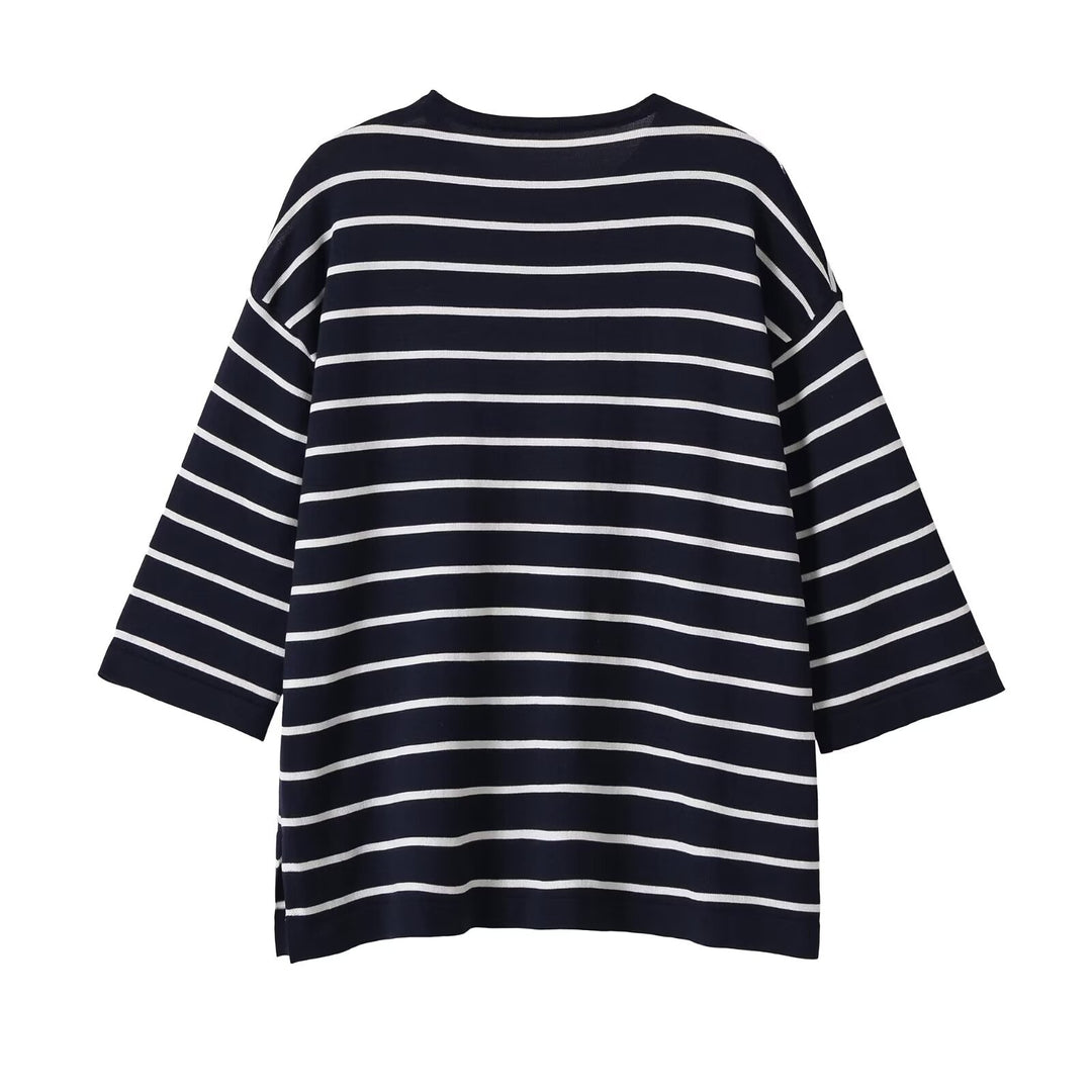 Women's Oversize Striped Shirt with Boat Neck and 3/4 Sleeves Mune Fashion