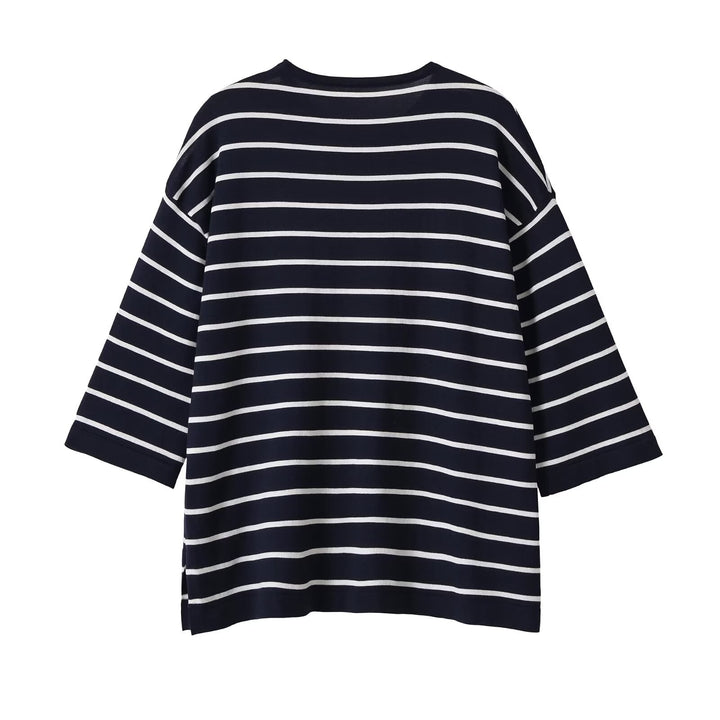 Women's Oversize Striped Shirt with Boat Neck and 3/4 Sleeves Mune Fashion
