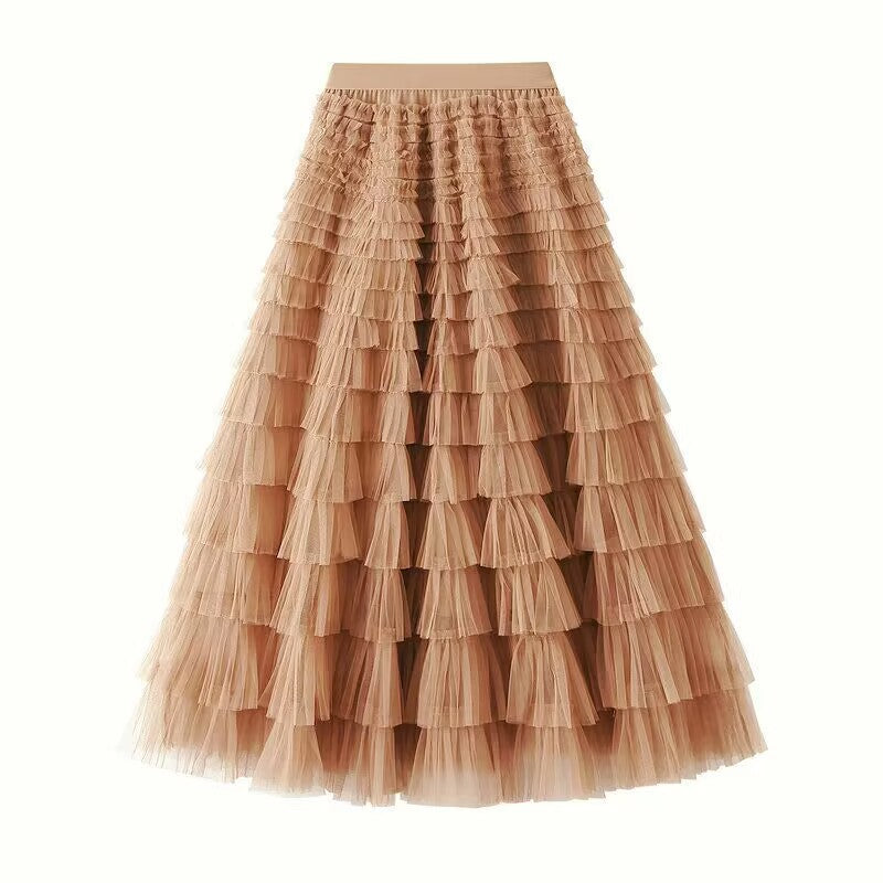 Women's layered tulle midi skirt with elastic waistband and ruffles Mune Fashion