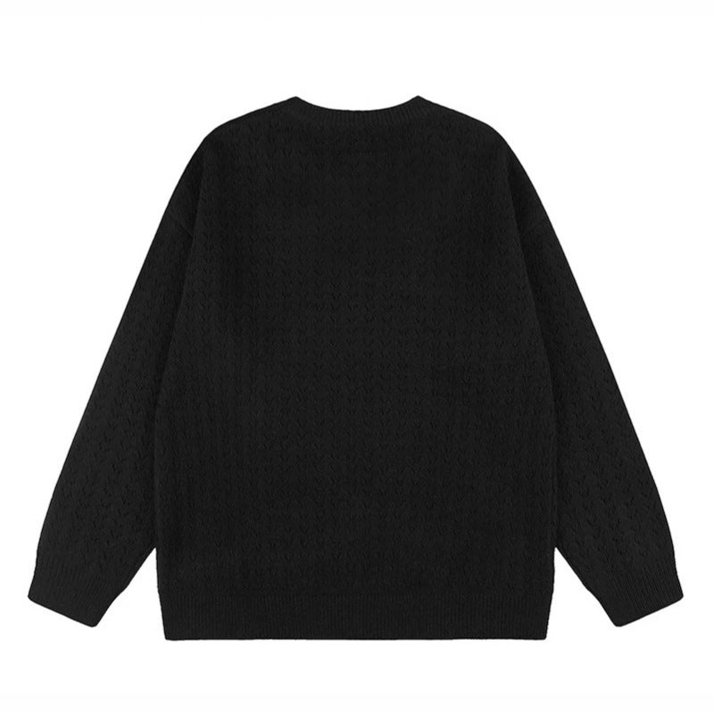 Women's Oversize Knit Sweater with Jacquard Cat Motif and Musical Design Mune Fashion