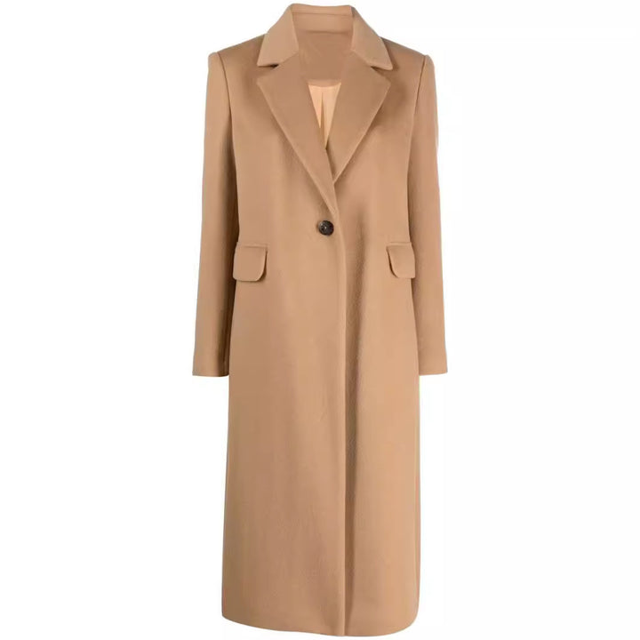 Women's Single-Breasted Wool Blend Long Coat with One-Button Closure and Flap Pockets Mune Fashion