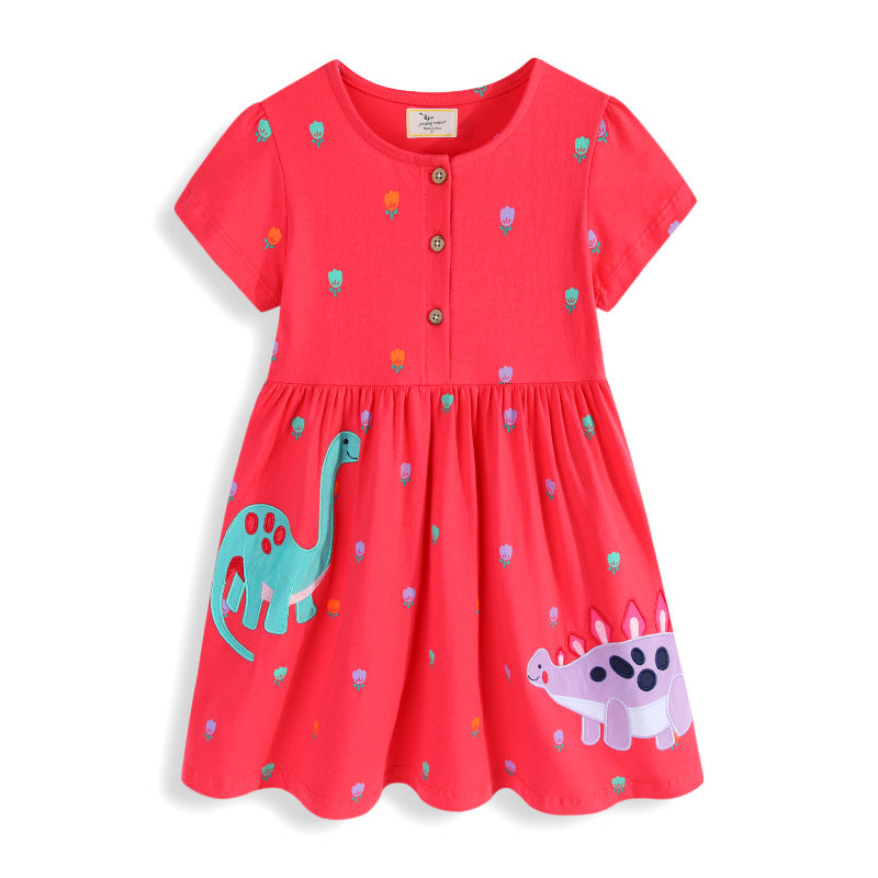 Girls casual dress with colorful dinosaur appliqués Mune Fashion