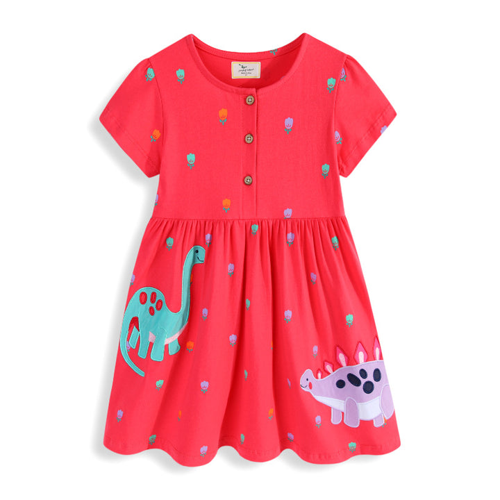 Girls casual dress with colorful dinosaur appliqués Mune Fashion