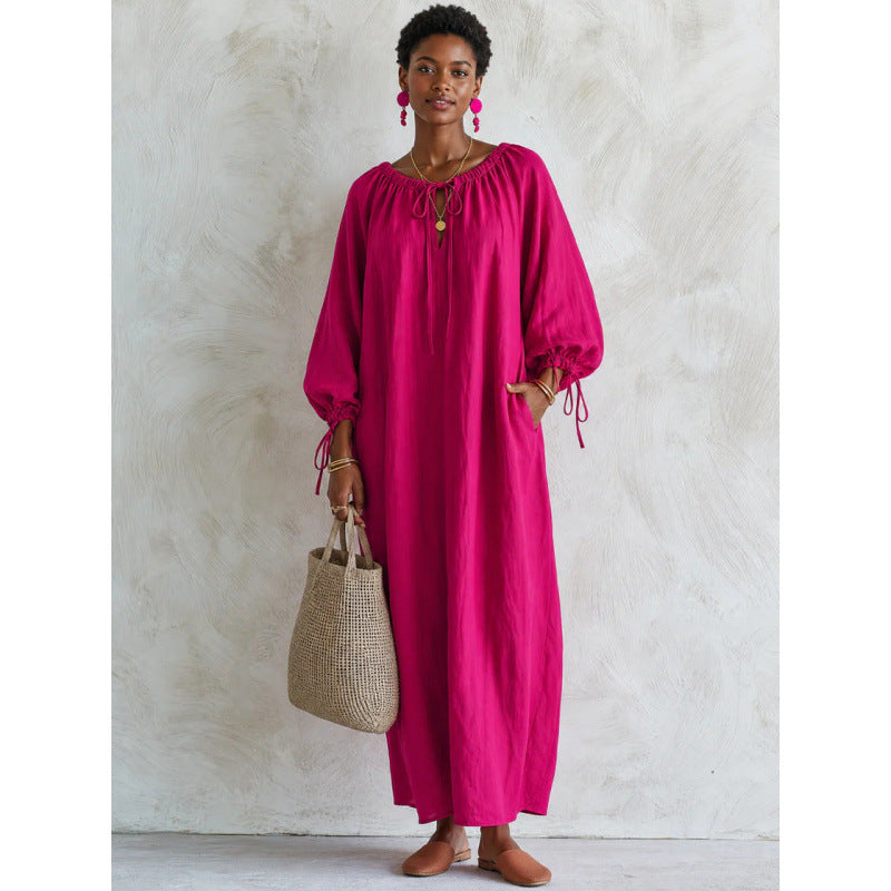 Women's Airy Linen Look Maxi Dress with Drawstring Collar, Balloon Sleeves and Pockets Mune Fashion