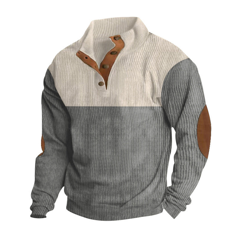 Men's ribbed pullover with stand-up collar, button placket, and elbow patches Mune Fashion