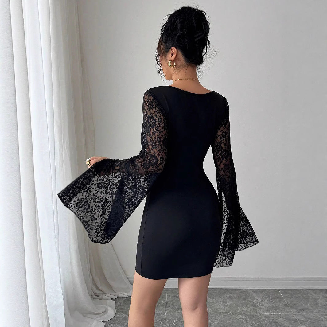 Women's form-fitting mini dress with square neckline and flared lace sleeves Mune Fashion
