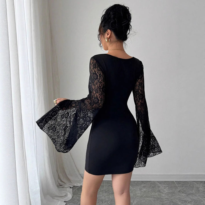 Women's form-fitting mini dress with square neckline and flared lace sleeves Mune Fashion