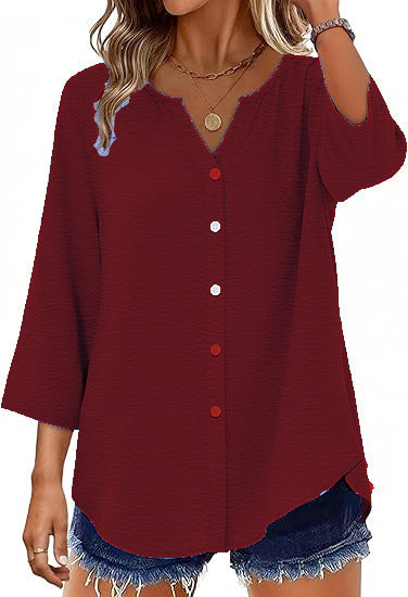 Ladies Light V-Neck Blouse Jacket with 3/4 Sleeves, Curved Hem and Continuous Button Placket Mune Fashion