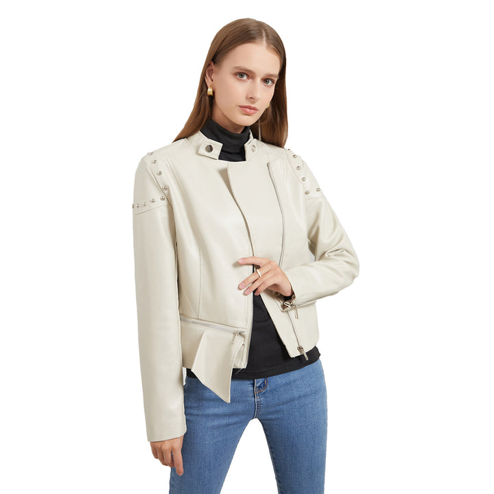 Women's nan asymmetric faux leather biker jacket with stud application and tailored peplum Mune Fashion