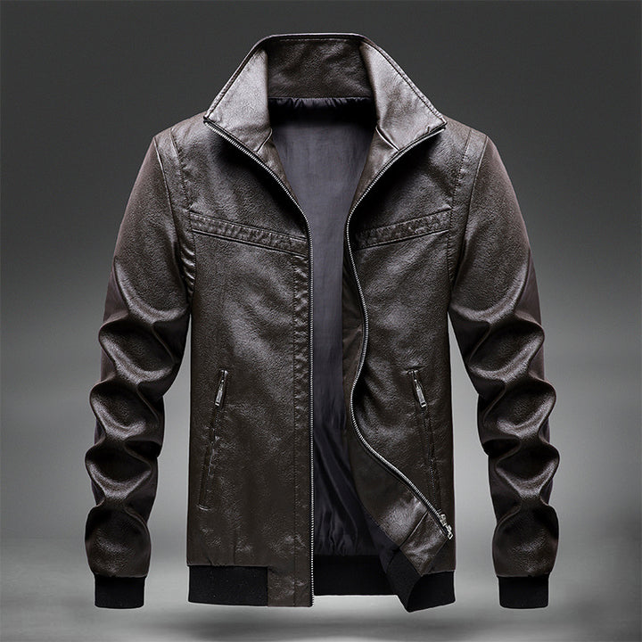 Men's faux leather bomber jacket with ribbed cuffs, stand-up collar and concealed zipper pockets Mune Fashion