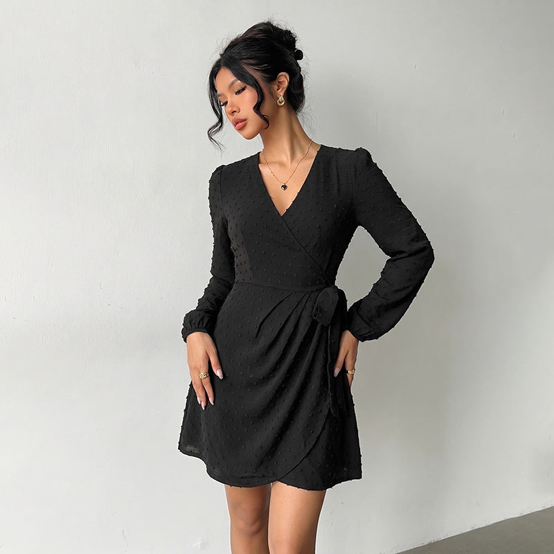 Women's Wrap Mini Dress with V-Neck, Polka Dot Effect, Gathered Waist and Long Sleeves Mune Fashion