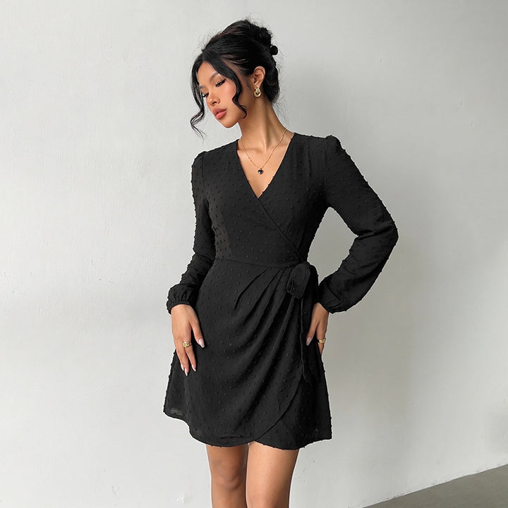 Women's Wrap Mini Dress with V-Neck, Polka Dot Effect, Gathered Waist and Long Sleeves Mune Fashion