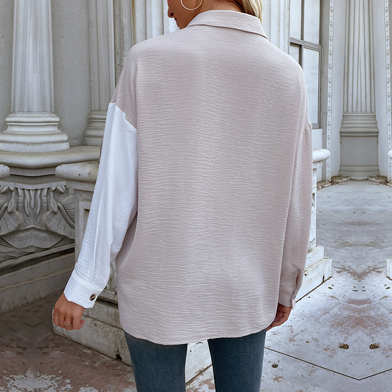 Women's oversized shirt blouse with color blocking, chest pocket, and textured viscose blend Mune Fashion