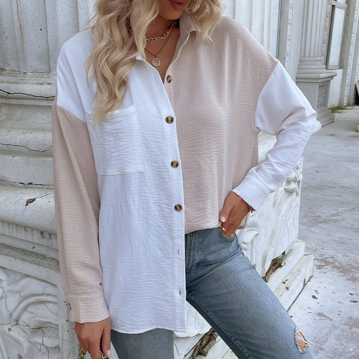 Women's oversized shirt blouse with color blocking, chest pocket, and textured viscose blend Mune Fashion