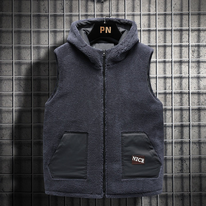 Men's Padded Teddy Fleece Vest with Hood, Full Zip and Letter Patch Mune Fashion
