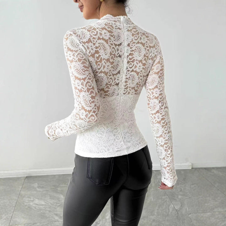 Women's Lace Shirt with Elegant High Collar and Long Sleeves Mune
