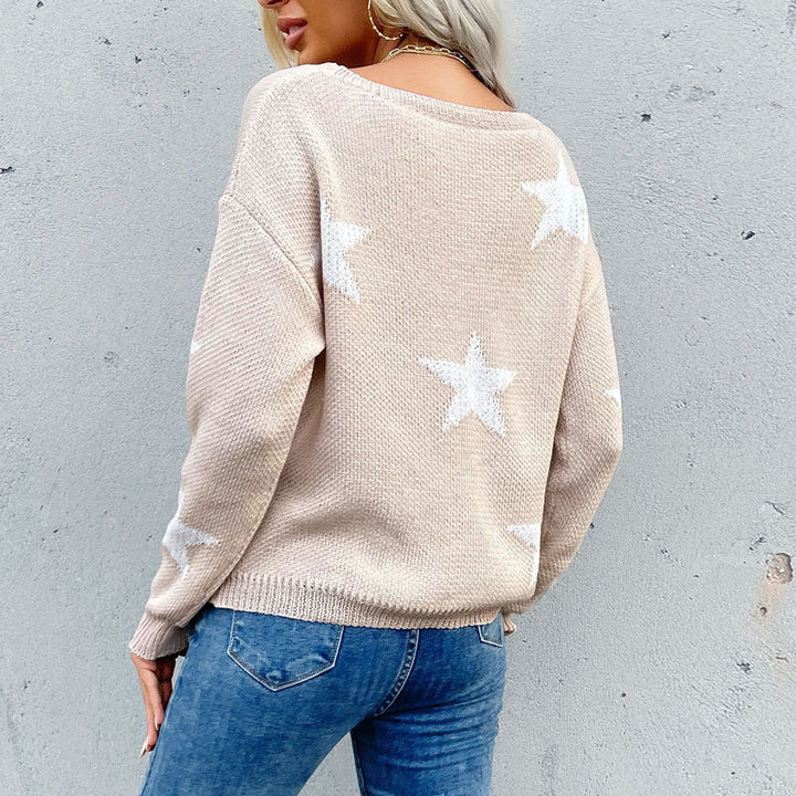 Ladies chunky knit star motif sweater with destroyed hem Mune Fashion