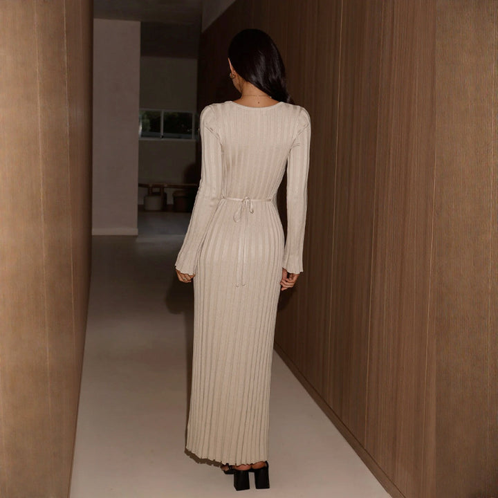 Women’s ribbed maxi dress with V-neck, tailored silhouette, and slightly flared hem Mune Fashion