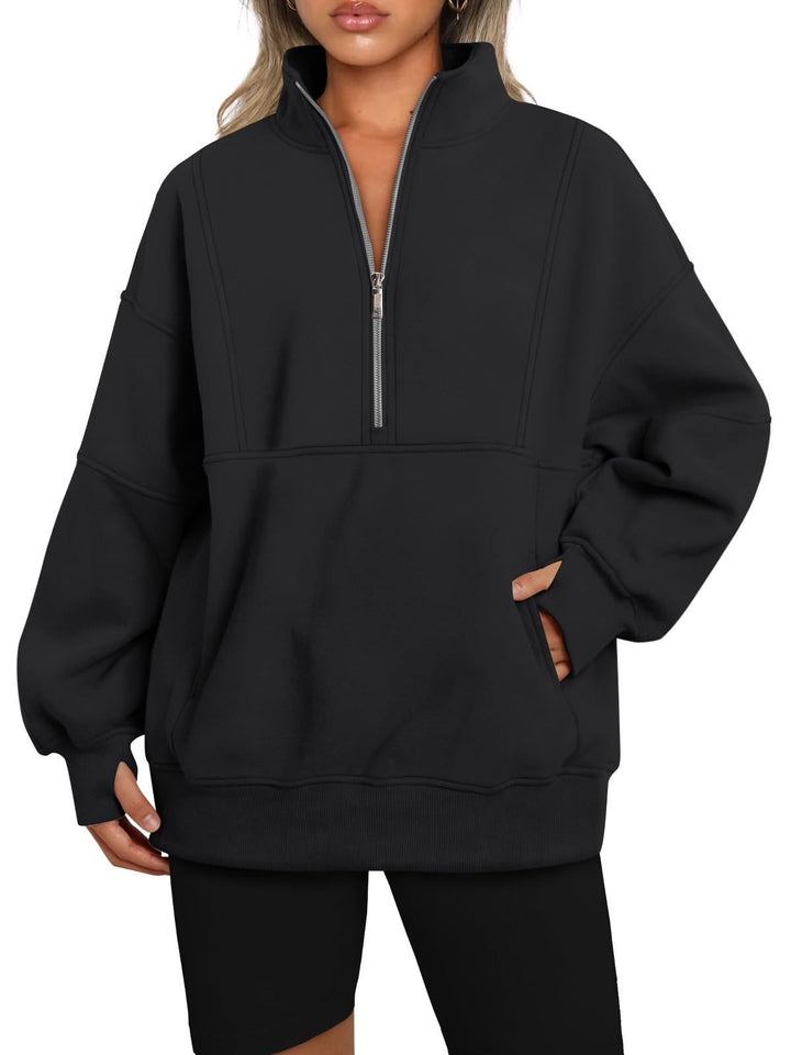 Women's Oversized Sweatshirt with Half Zipper, Stand-Up Collar and Kangaroo Pocket Mune Fashion