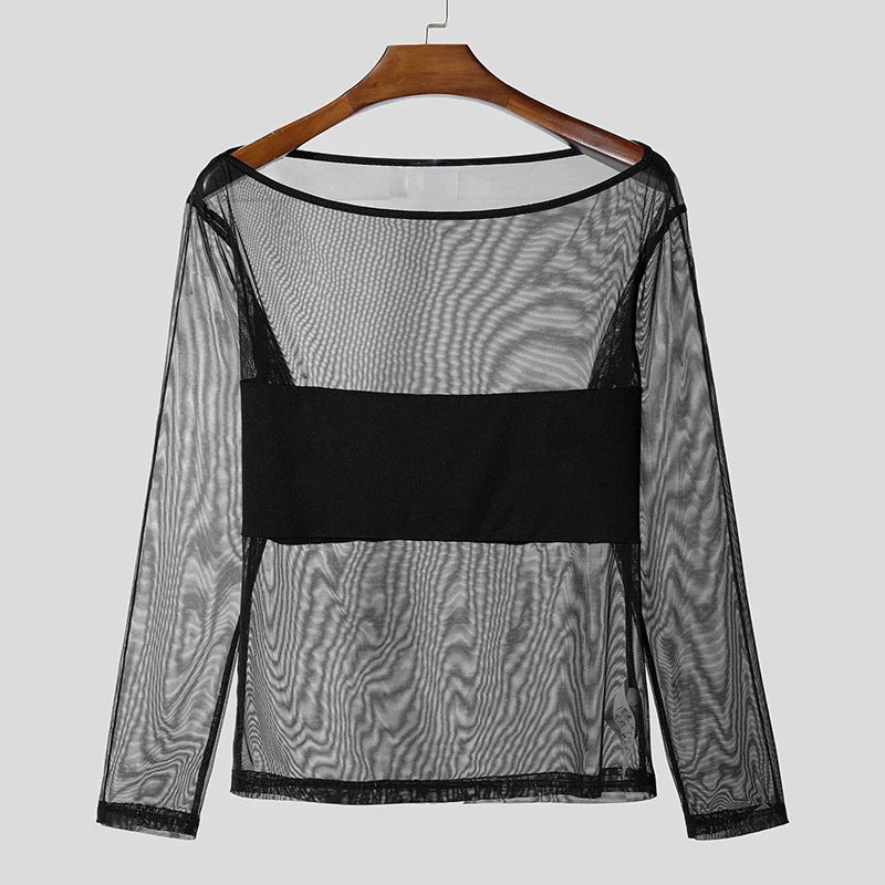 Ladies' sheer mesh long sleeve top with opaque chest band and wide round neckline Mune Fashion
