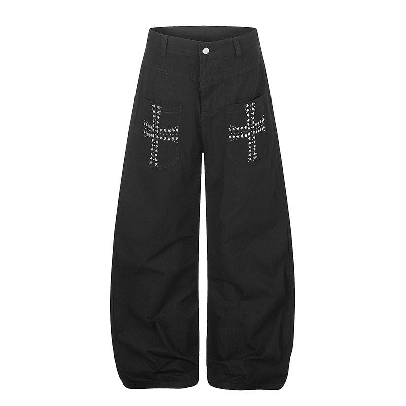 Women's Wide High-Waist Palazzo Jeans with Patch Pockets and Riveted Cross Detail Mune Fashion